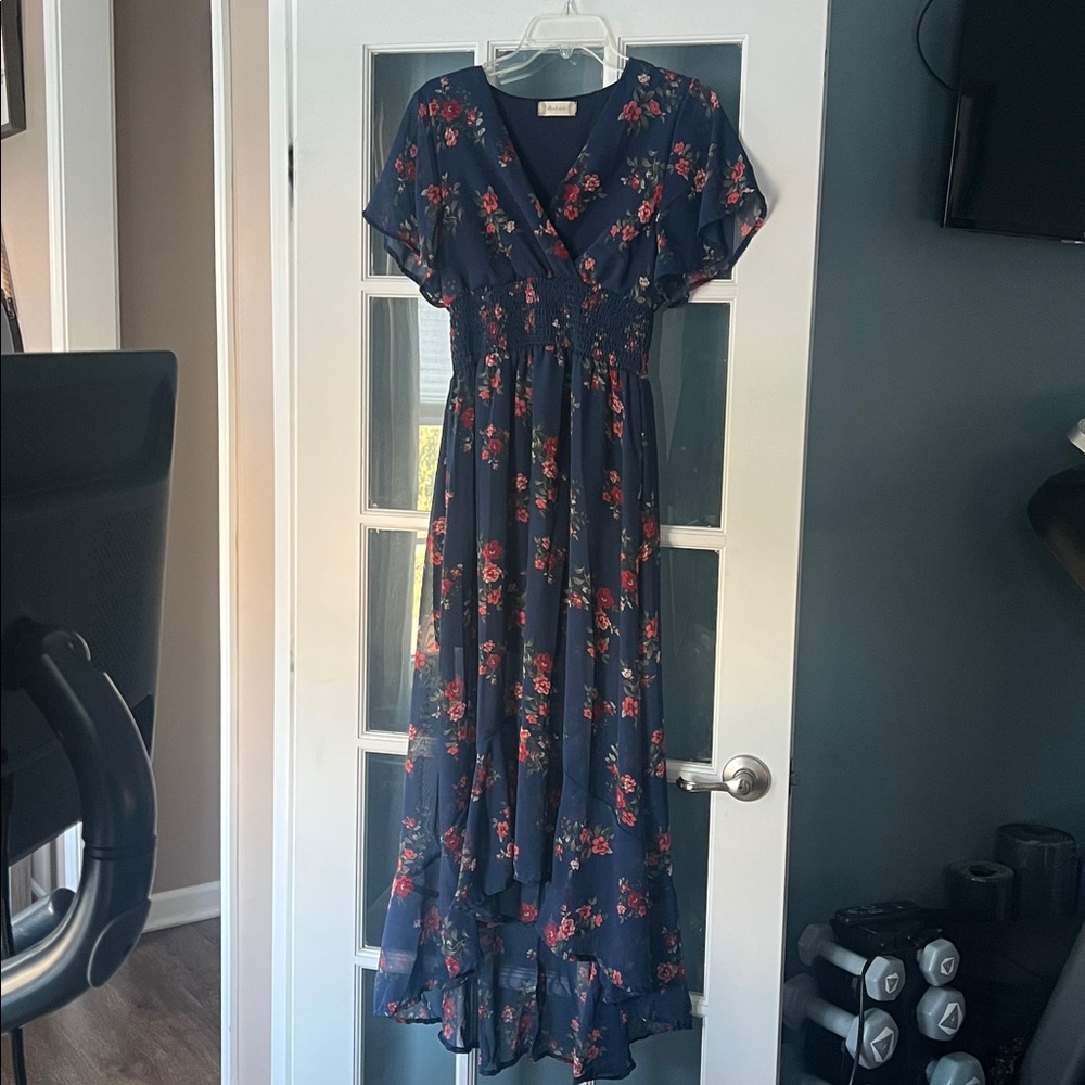 Long dark blue altar’d state dress with floral print size large - Picture 2 of 5
